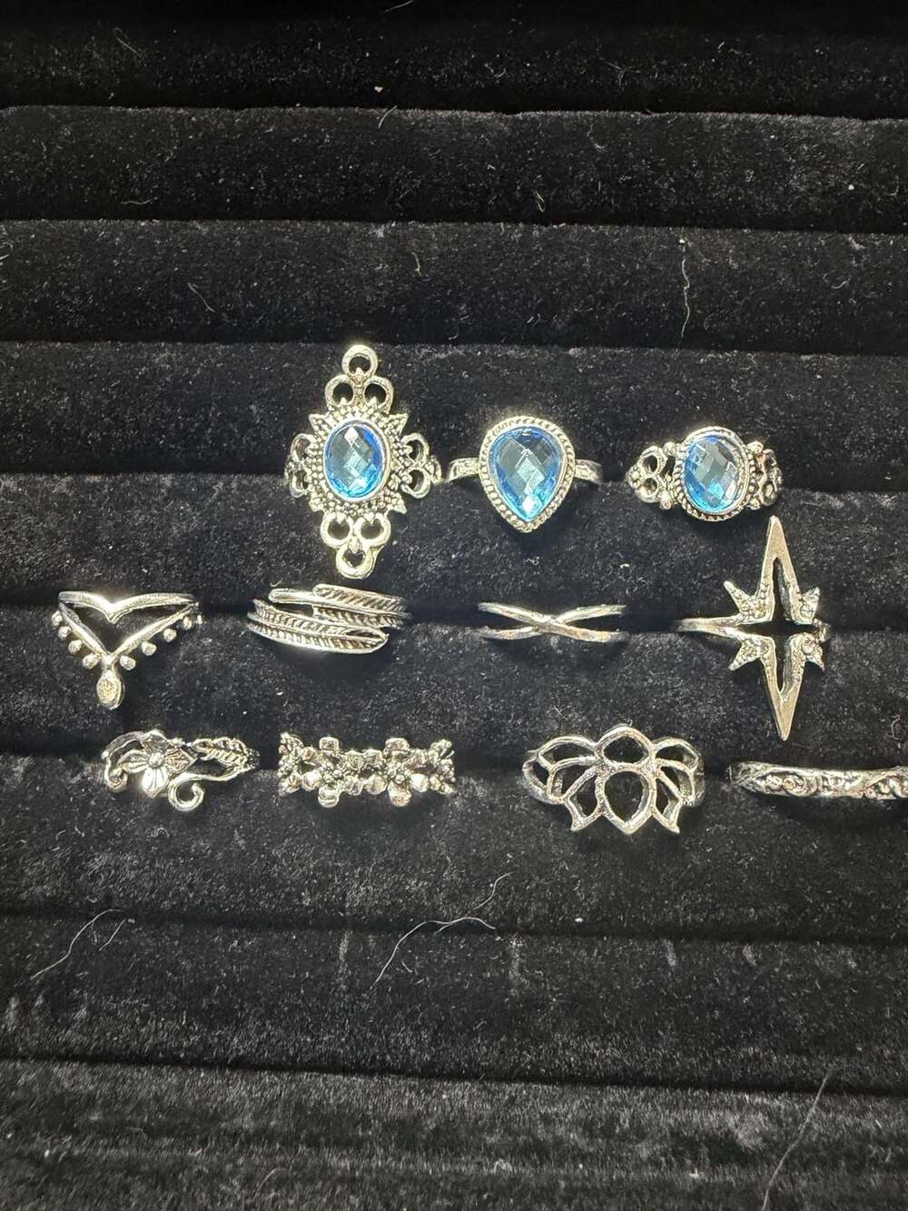 Bohemian Vintage Silver Oxidized Knuckle Ring Set with Blue Synthetic Gemstones